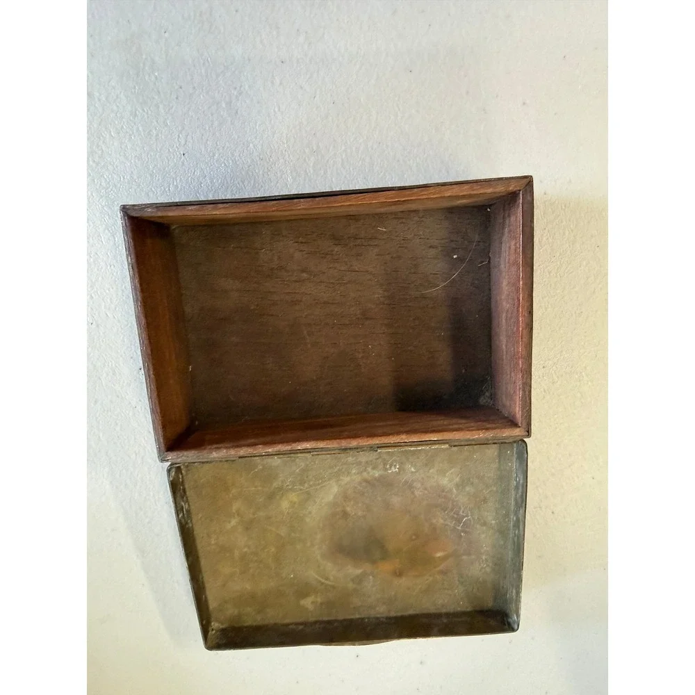 Vintage Brass Wood Jewelry Box Etched Peacock Floral Enamel‎ Decorative Trinket
